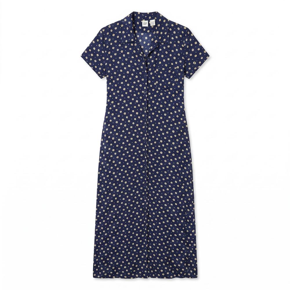 GAP Vintage 100% Rayon Floral Button Front Maxi Dress Navy Womens Large